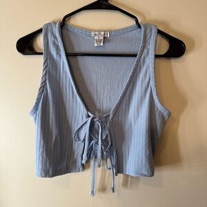 Love Tree Blue Ribbed Tie-Front Crop Tank Top